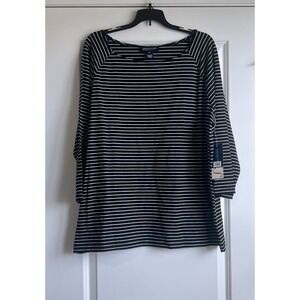 Jones New York Signature Woman 3X Black and White Striped 3/4 Length Sleeve Top
